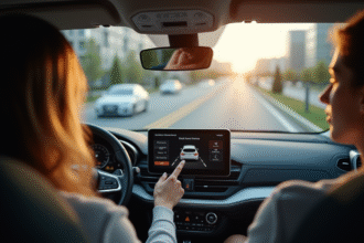 Jeune femme et instructeur en voiture moderne avec tableau digital