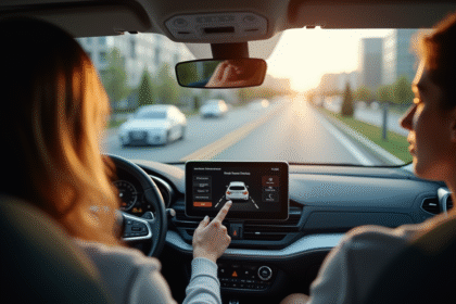 Jeune femme et instructeur en voiture moderne avec tableau digital