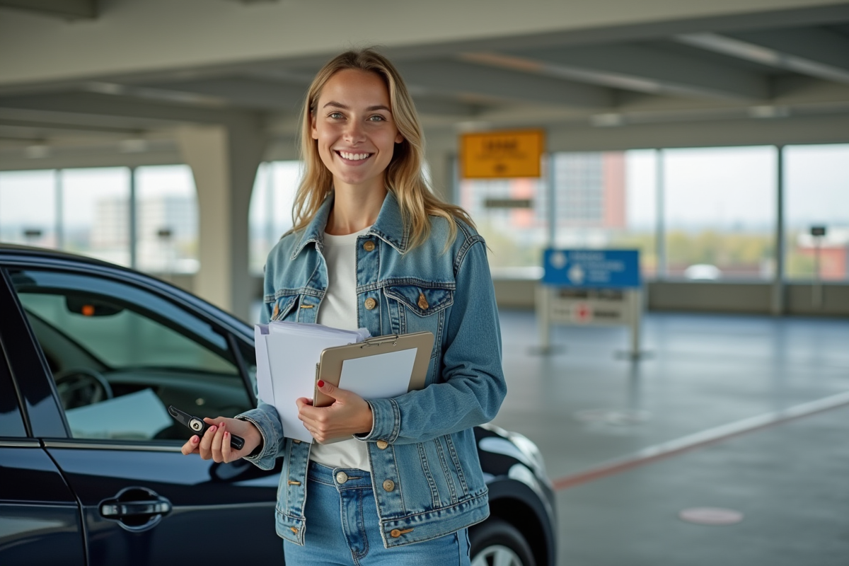 Jeune femme souriante avec clés de location et papiers voiture
