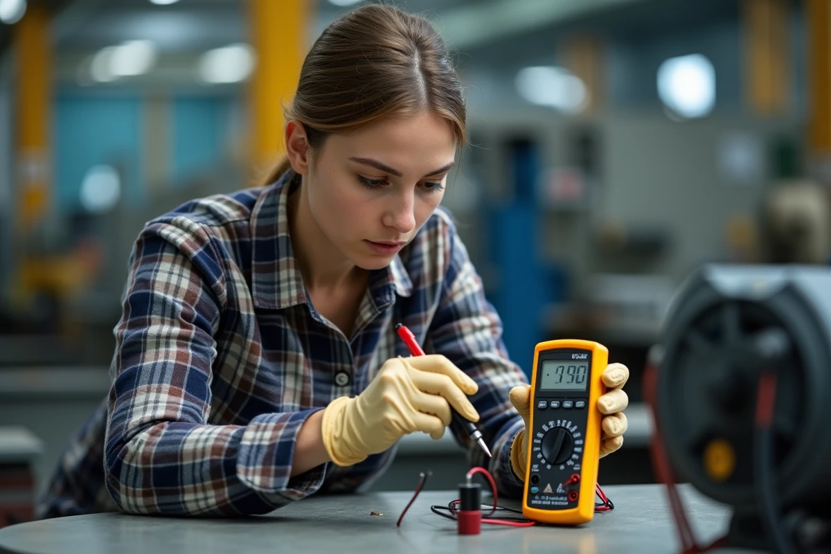 Jeune ingénieure teste un condensateur avec multimètre