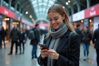 Jeune femme souriante vérifiant son ticket au salon de Paris