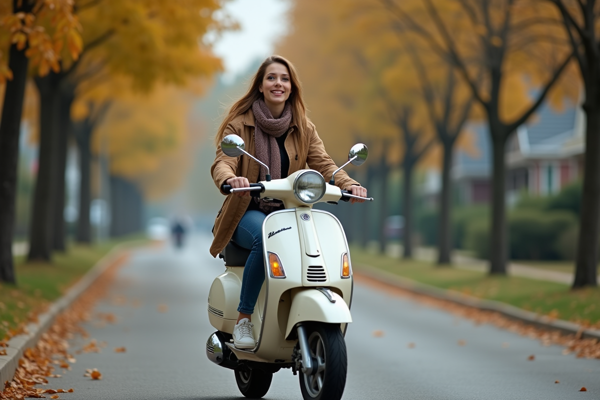 Jeune femme roulant en scooter vintage dans la banlieue
