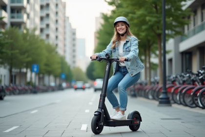 Jeune femme souriante sur scooter électrique en ville