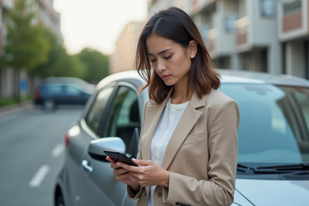 Jeune femme regardant son smartphone devant une voiture en ville