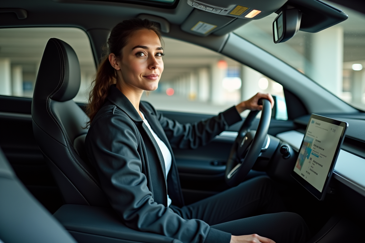 Jeune femme dans une voiture électrique en intérieur urbain