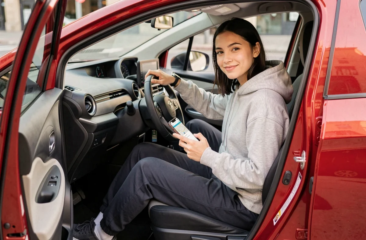 Jeune femme au volant d'une Toyota Yaris Sport rouge consultant une application de navigation sur smartphone