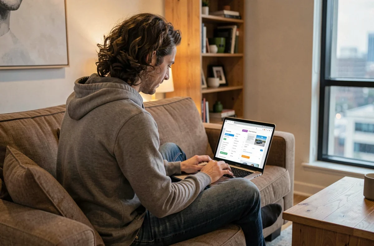 Jeune homme comparant des assurances auto en ligne sur son ordinateur