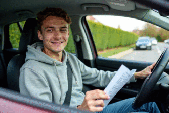 Jeune homme souriant avec document d'assurance voiture