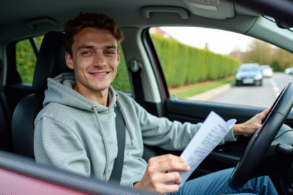 Jeune homme souriant avec document d'assurance voiture