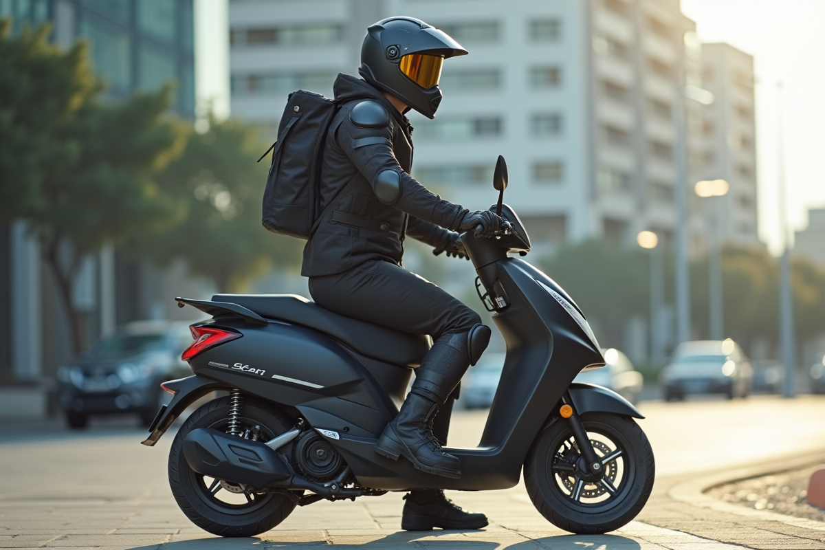 Jeune homme en équipement de protection sur scooter urbain