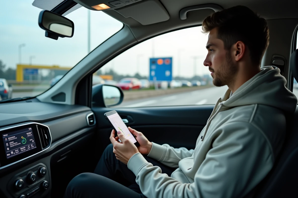 Jeune homme utilisant GPS dans sa voiture moderne