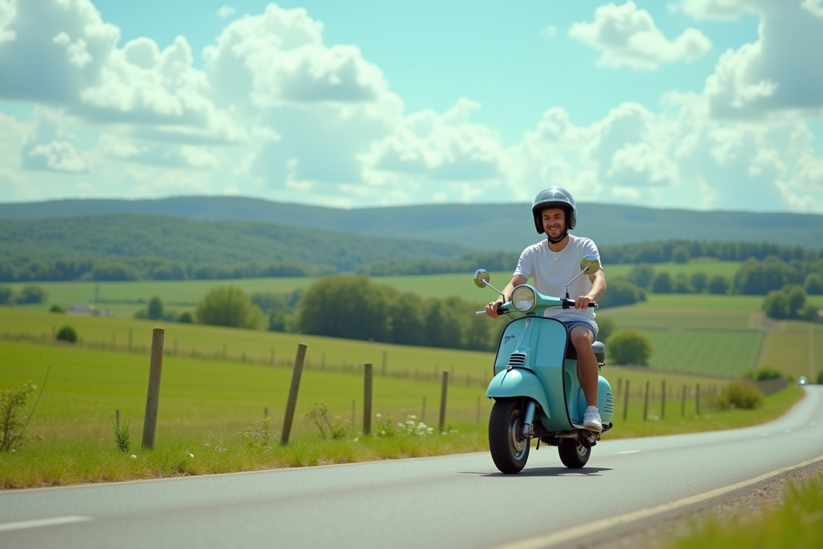 Jeune homme portant un casque roulant en mobylette dans la campagne