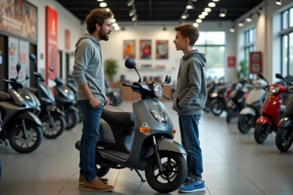 Jeune garçon de 14 ans avec moto dans un concessionnaire