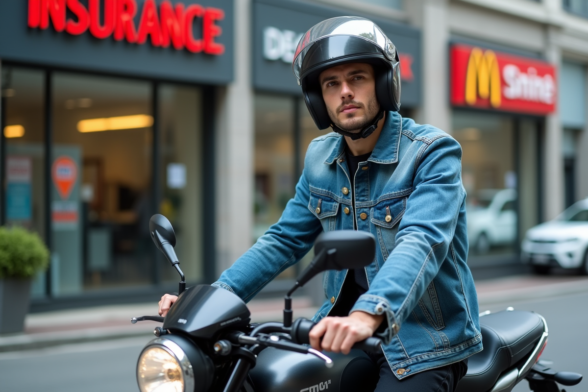 Jeune homme en moto urbaine avec casque devant une agence d'assurance