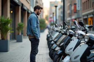 Jeune homme inspectant des scooters en extérieur