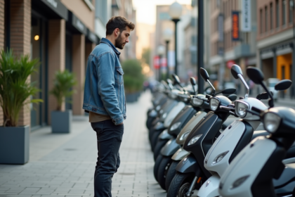 Jeune homme inspectant des scooters en extérieur