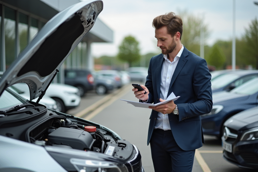 Jeune homme inspectant une voiture d'occasion en Allemagne