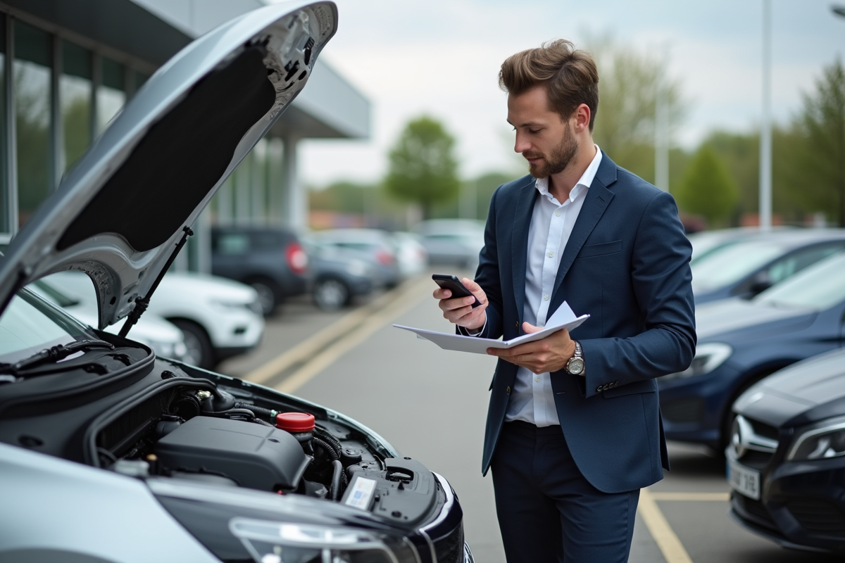 Jeune homme inspectant une voiture d'occasion en Allemagne