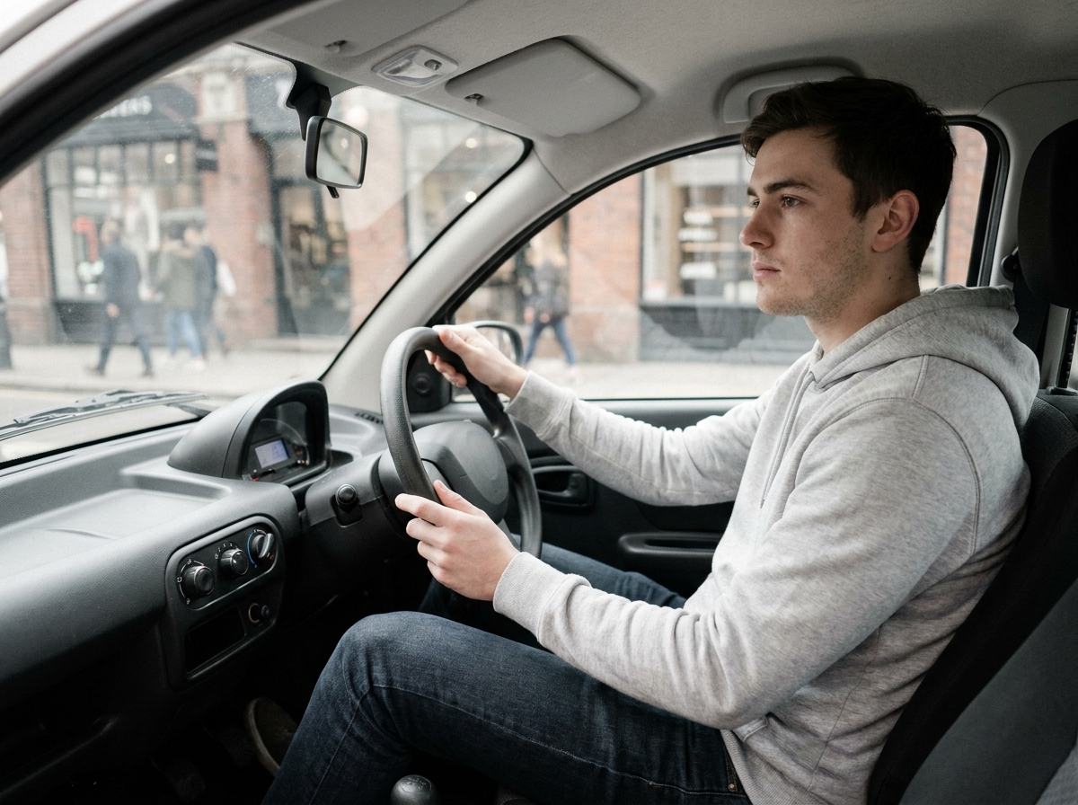 Jeune homme au volant d'une voiturette sans permis en ville, vue intérieure du tableau de bord