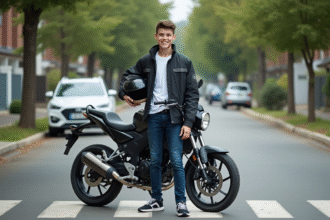 Jeune garçon de 16 ans avec moto et casque en extérieur