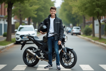 Jeune garçon de 16 ans avec moto et casque en extérieur