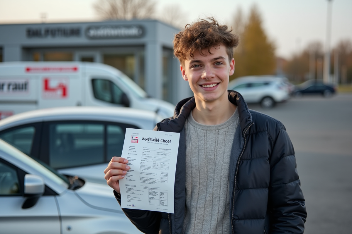 Jeune homme avec permis de conduire dans un parking urbain