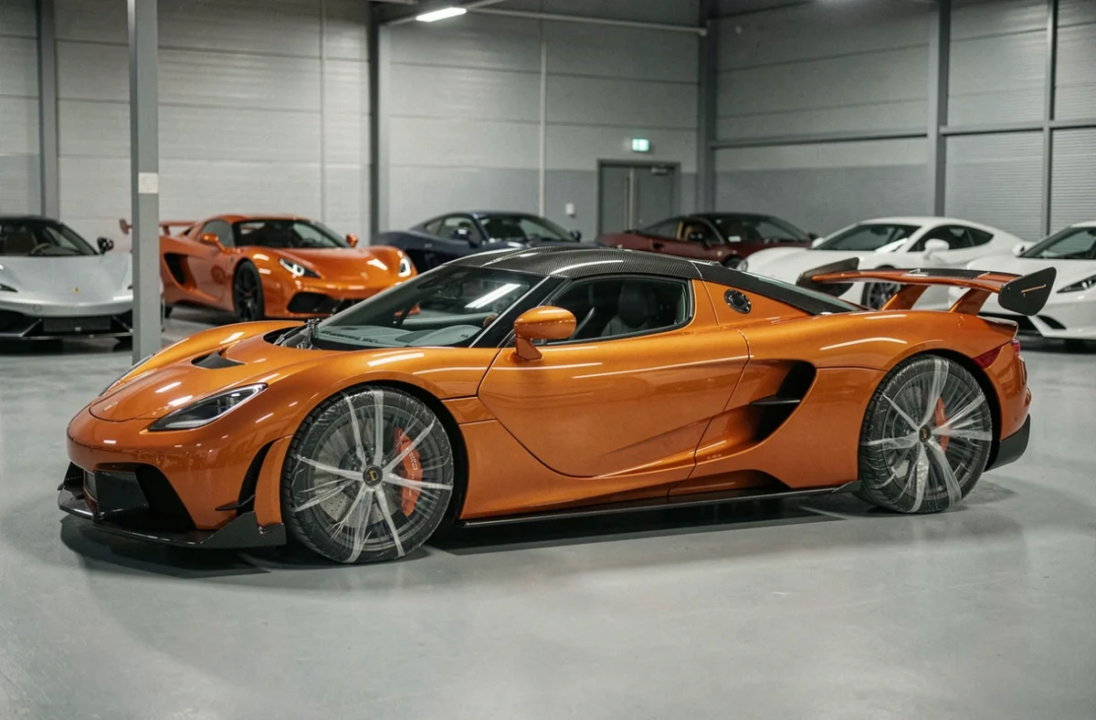 Koenigsegg Agera orange avec pneus sous film plastique dans un garage de collectionneur privé climatisé