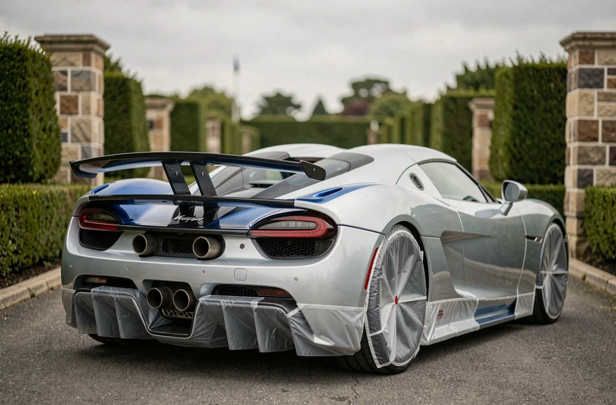 Koenigsegg Agera neuve jamais roulée avec film de protection d'usine sur une allée de domaine privé