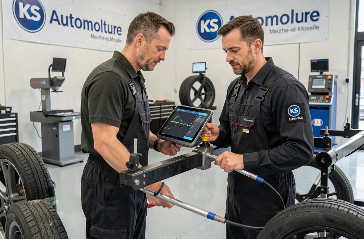 Technicien effectuant un contrôle de géométrie sur un véhicule avec un système laser chez KS Automobile en Meurthe-et-Moselle