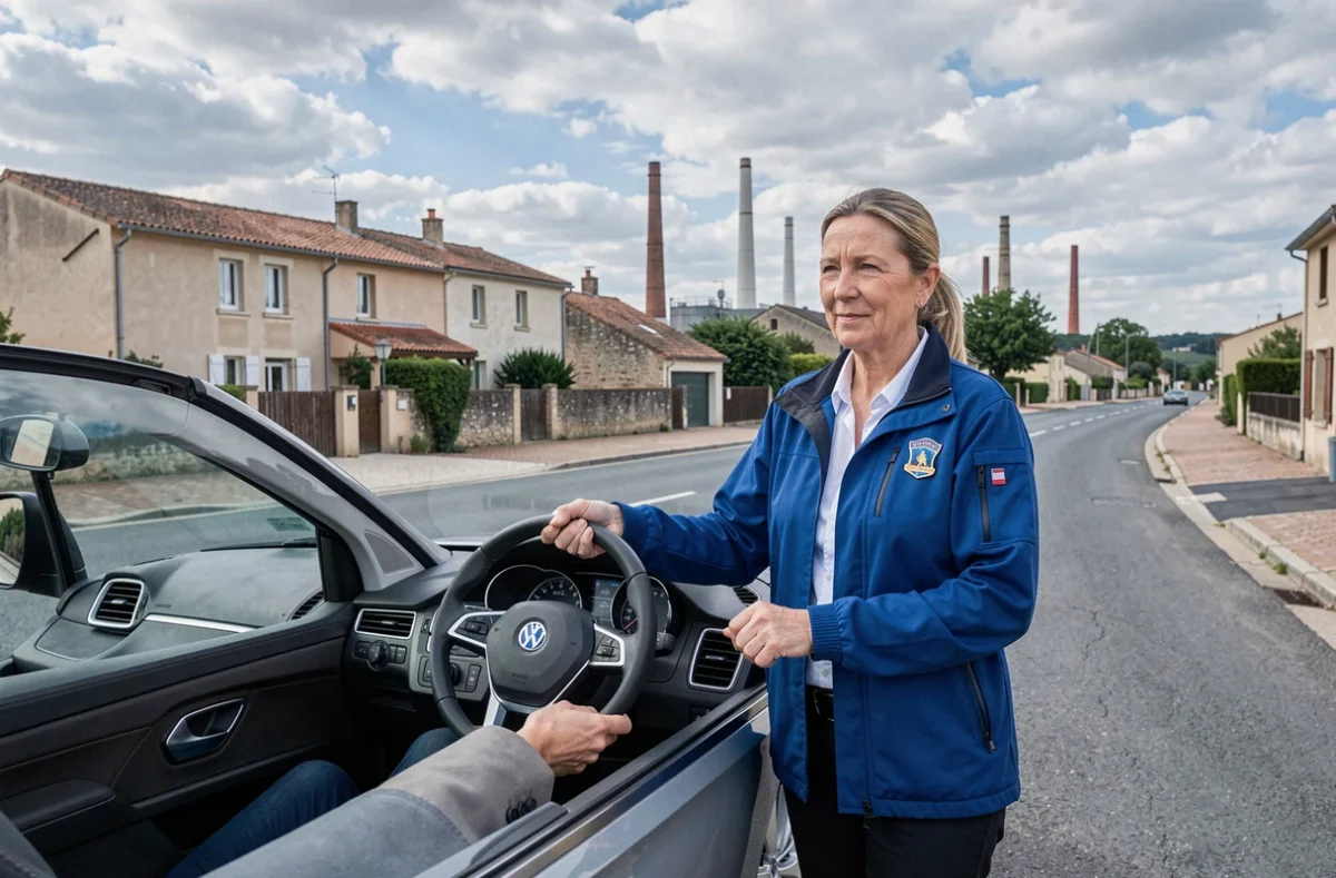 Monitrice de l'auto-école Laudunoise à Laudun-l'Ardoise devant un véhicule d'apprentissage avec les bâtiments de la ville en arrière-plan