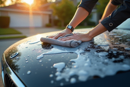 Personne lavant soigneusement la voiture avec un chiffon microfibre