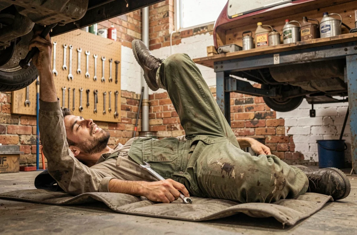 Jeune mécanicien travaillant sous une voiture dans le petit atelier de proximité Le Ptit Mecano