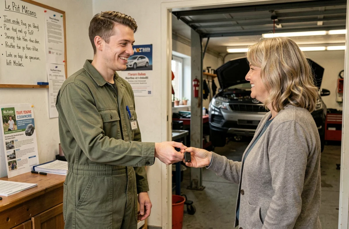 Mécanicien souriant remettant les clés à une cliente dans le garage de proximité Le Ptit Mécano en Meurthe-et-Moselle