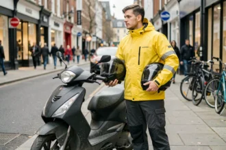 Livreur en scooter avec équipement de protection sur un trottoir urbain, illustrant l'assurance scooter livraison