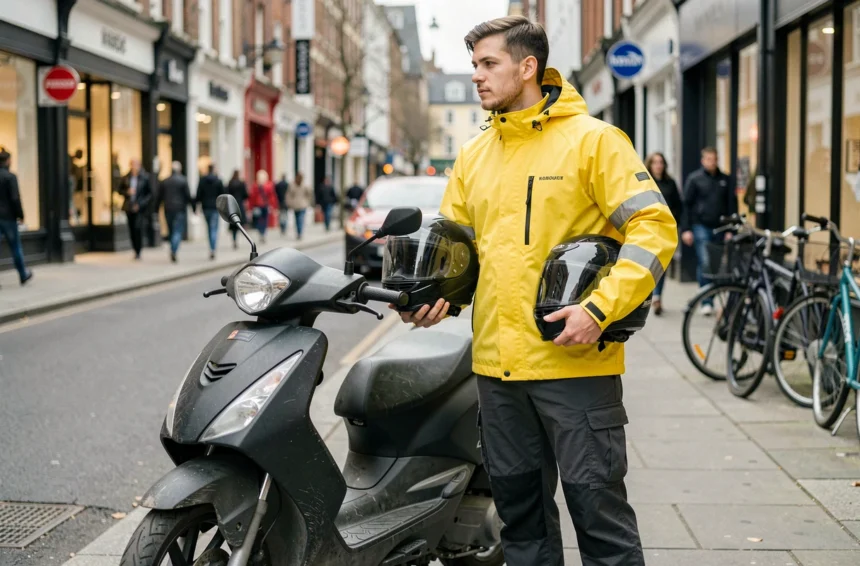 Livreur en scooter avec équipement de protection sur un trottoir urbain, illustrant l'assurance scooter livraison