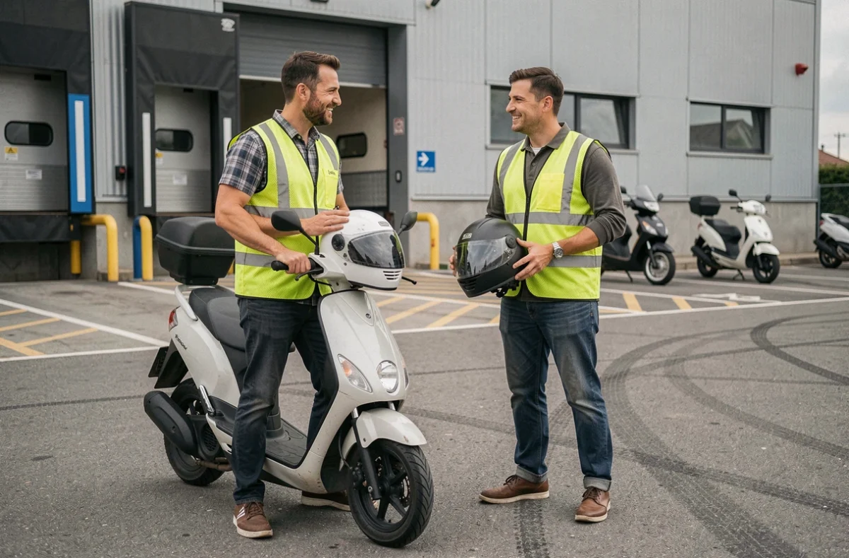 Deux livreurs en scooter discutant devant un dépôt logistique, thème assurance professionnelle livraison