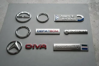 Collection de logos de voitures de marques variées disposés sur une surface grise, guide visuel pour identifier les emblèmes automobiles