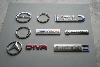 Collection de logos de voitures de marques variées disposés sur une surface grise, guide visuel pour identifier les emblèmes automobiles