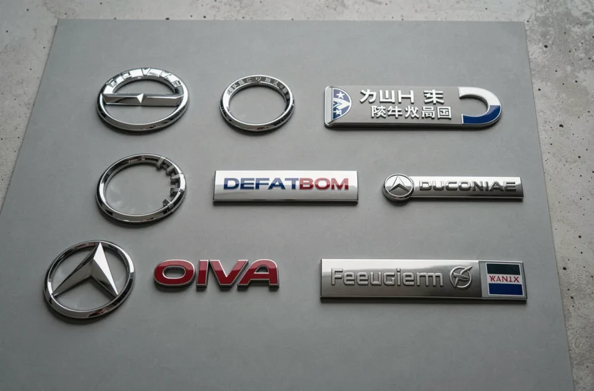 Collection de logos de voitures de marques variées disposés sur une surface grise, guide visuel pour identifier les emblèmes automobiles