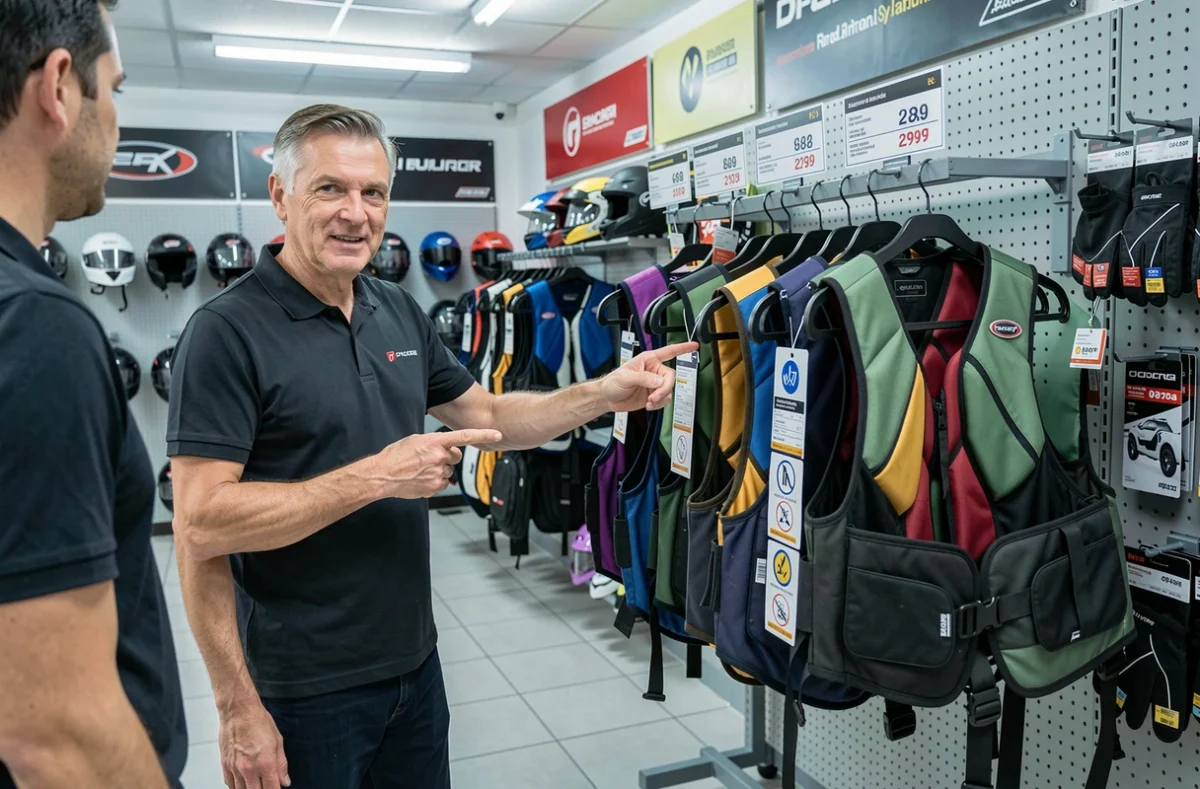 Vendeur présentant des gilets airbag moto dans un magasin d'équipements pour motards