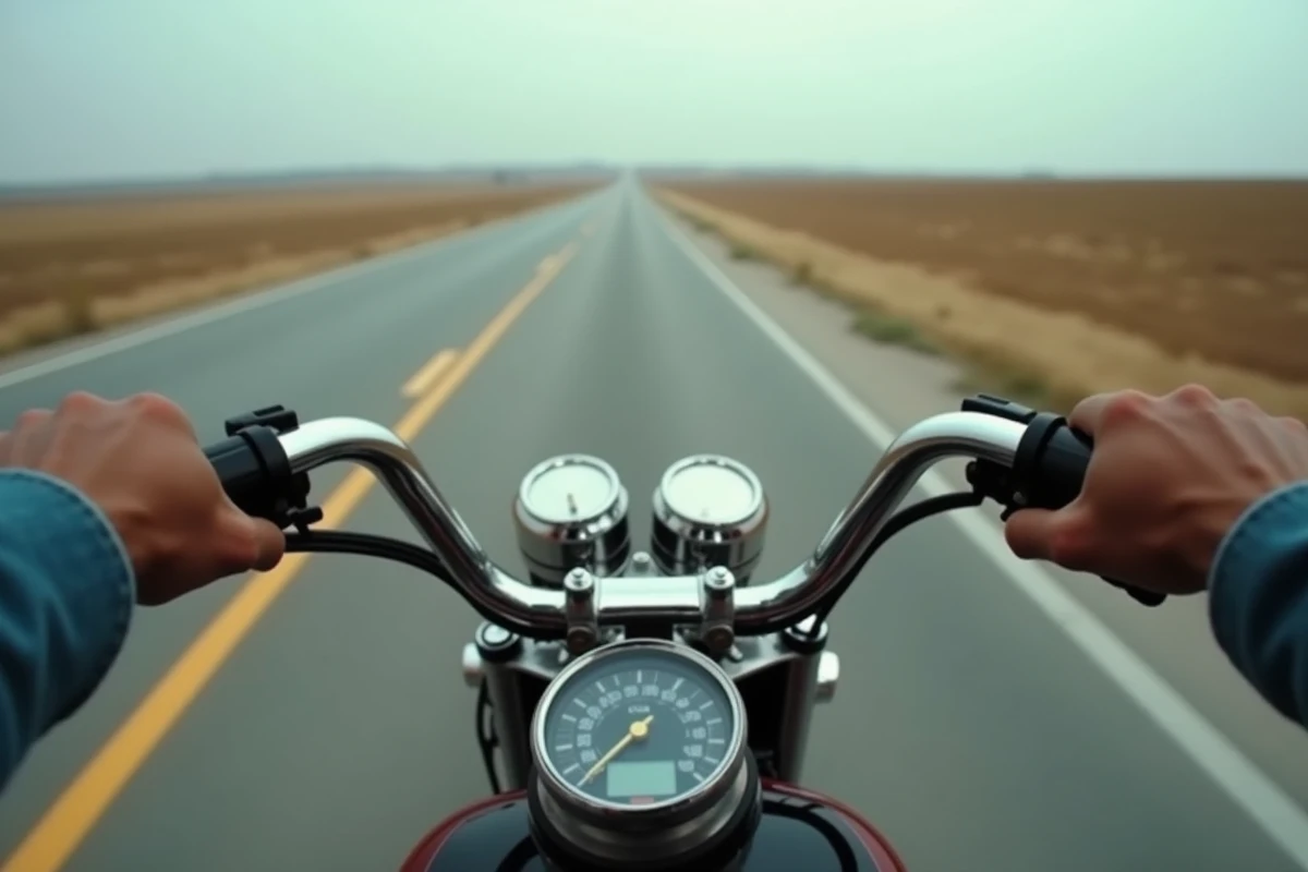 Gros plan sur les mains tenant le guidon d'une moto classique sur une route américaine, détail texturé en style photographique documentaire des années 1960