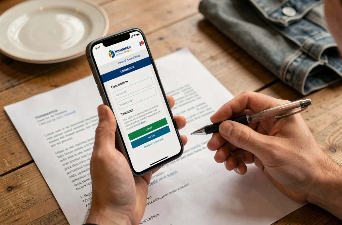 Mains tenant un courrier de résiliation d'assurance moto et un smartphone affichant un formulaire en ligne