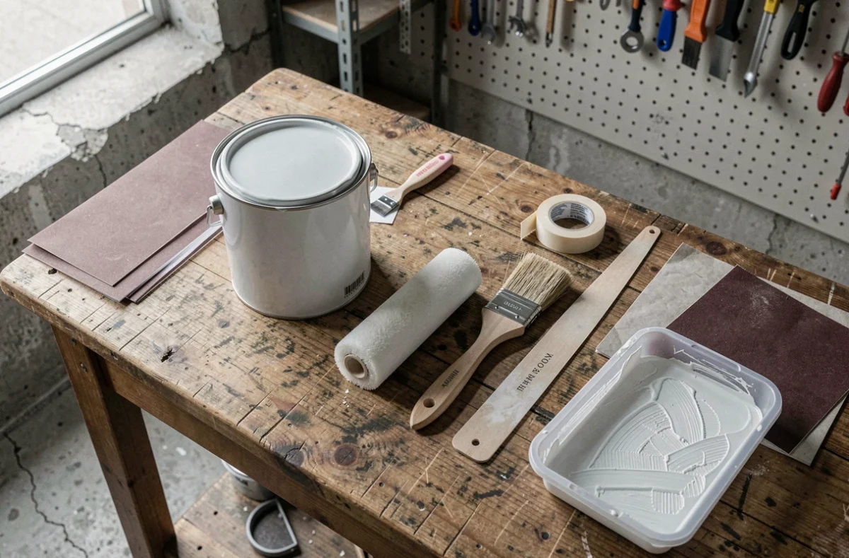 Vue aérienne du matériel pour covering blanc pas cher disposé sur un établi en bois dans un atelier de garage