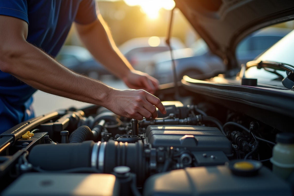 Mécanicien inspectant un moteur en extérieur en plein jour