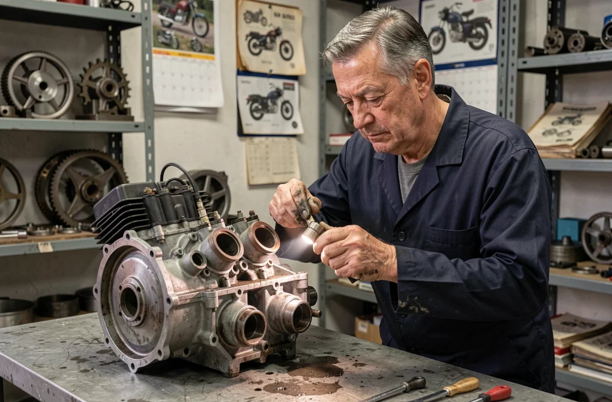 Mécanicien expert inspectant le moteur d'une Suzuki GT750 dans un atelier spécialisé motos anciennes en France
