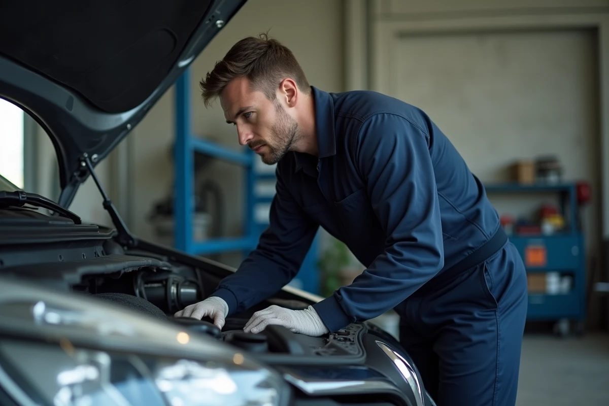 Mécanicien inspectant le moteur d'une Renault Clio 5 grise dans un atelier automobile, comparaison essence diesel