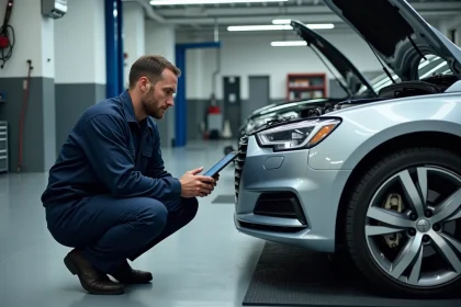 Mécanicien professionnel inspectant le moteur d'une voiture essence moderne équipée du système stop and start dans un garage urbain