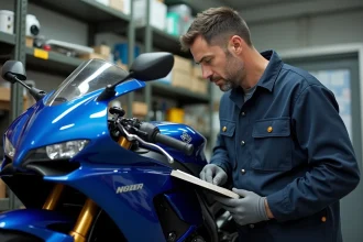 Mécanicien moto homme en atelier examinant un moteur de moto bleue