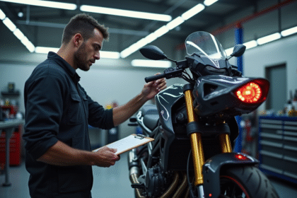 Mecanicien moto inspectant une moto moderne dans un atelier propre