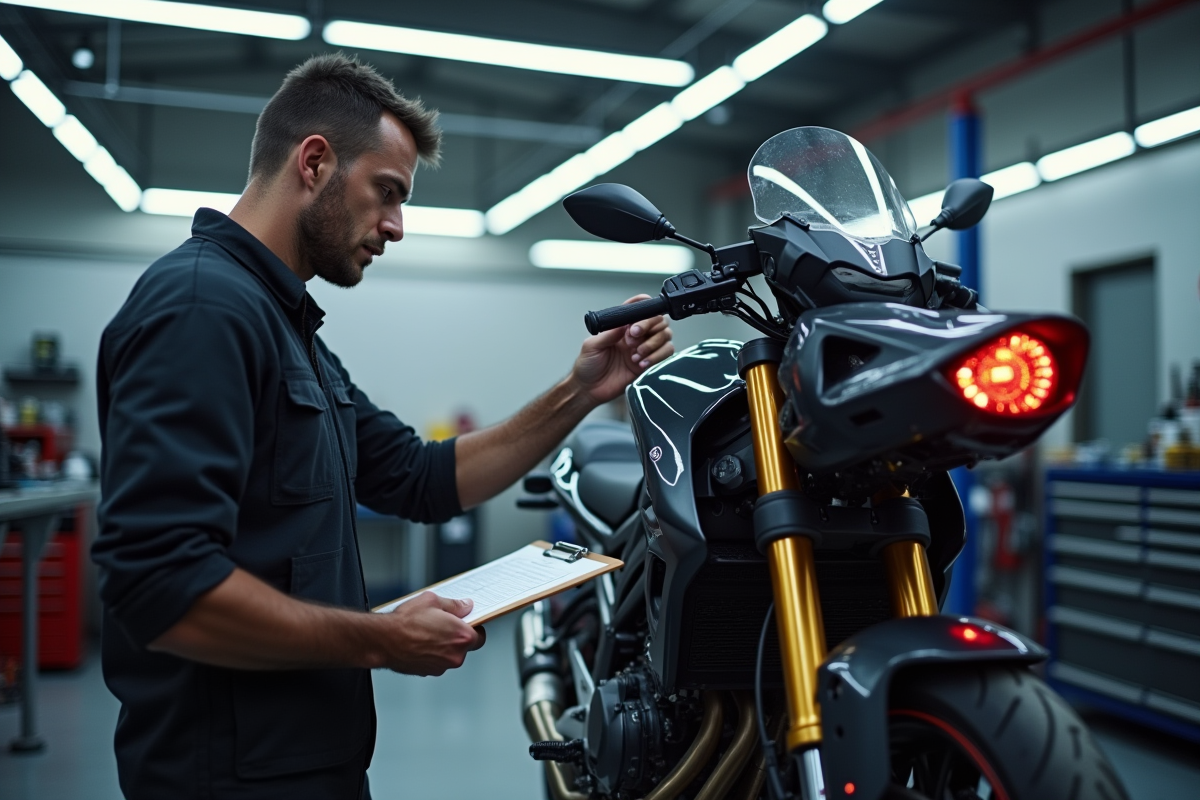 Mecanicien moto inspectant une moto moderne dans un atelier propre